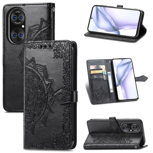 Halfway Mandala Embossing Pattern Horizontal Flip Leather Case with Holder & Card Slots & Wallet & Lanyard For Huawei P50 Pro(Black)