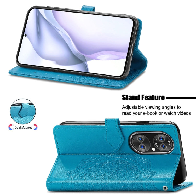 Halfway Mandala Embossing Pattern Horizontal Flip Leather Case with Holder & Card Slots & Wallet & Lanyard For Huawei P50 Pro(Blue)