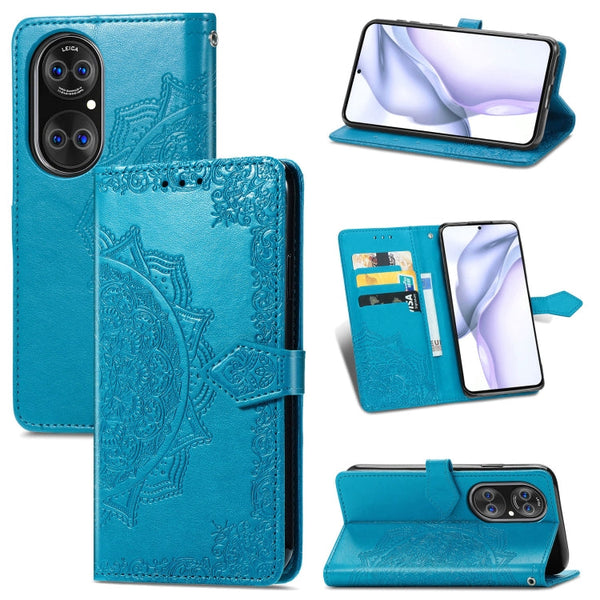Halfway Mandala Embossing Pattern Horizontal Flip Leather Case with Holder & Card Slots & Wallet & Lanyard For Huawei P50 Pro(Blue)