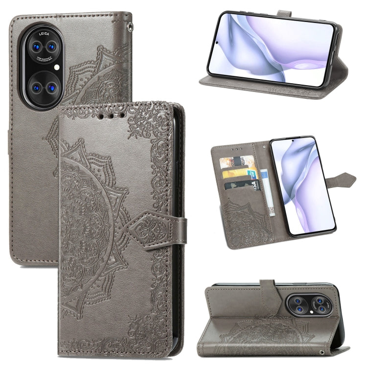 Halfway Mandala Embossing Pattern Horizontal Flip Leather Case with Holder & Card Slots & Wallet & Lanyard For Huawei P50 Pro(Grey)