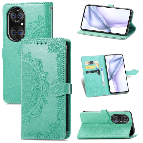 Halfway Mandala Embossing Pattern Horizontal Flip Leather Case with Holder & Card Slots & Wallet & Lanyard For Huawei P50 Pro(Green)