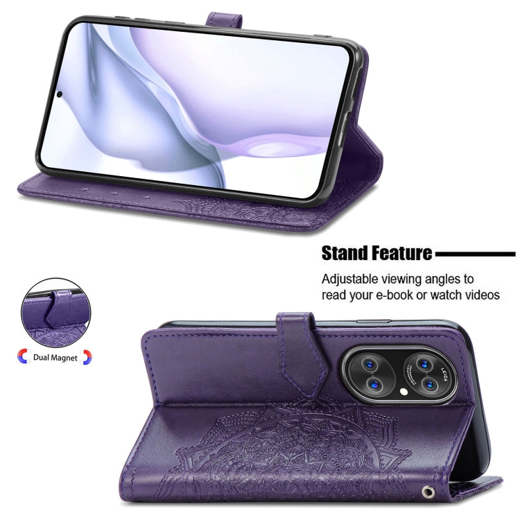 Halfway Mandala Embossing Pattern Horizontal Flip Leather Case with Holder & Card Slots & Wallet & Lanyard For Huawei P50 Pro(Purple)