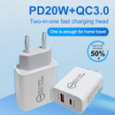 Dual Fast Charging 20W PD3.0+QC 3.0 Interface Travel Charger for iPhone, Huawei, Samsung, Xiaomi EU Plug