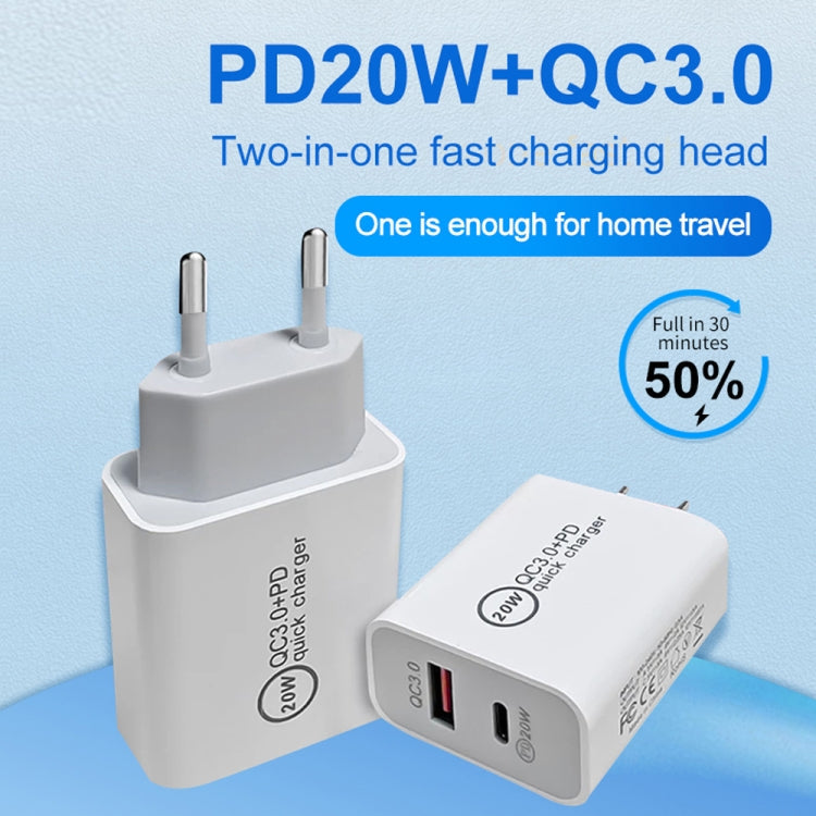 Dual Fast Charging 20W PD3.0+QC 3.0 Interface Travel Charger for iPhone, Huawei, Samsung, Xiaomi EU Plug