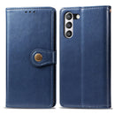 For Samsung Galaxy S21 FE Solid Color Leather Buckle Phone Case with Lanyard & Photo Frame & Card Slot & Wallet & Stand Function(Blue)