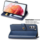 For Samsung Galaxy S21 FE Solid Color Leather Buckle Phone Case with Lanyard & Photo Frame & Card Slot & Wallet & Stand Function(Blue)