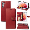 For Samsung Galaxy S21 FE Solid Color Leather Buckle Phone Case with Lanyard & Photo Frame & Card Slot & Wallet & Stand Function(Red)