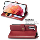 For Samsung Galaxy S21 FE Solid Color Leather Buckle Phone Case with Lanyard & Photo Frame & Card Slot & Wallet & Stand Function(Red)