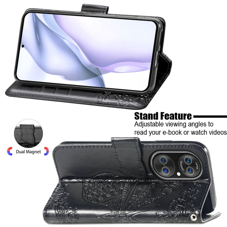 For Huawei P50 Pro Butterfly Love Flowers Embossed Horizontal Flip Leather Case with Holder & Card Slots & Wallet & Lanyard(Black)