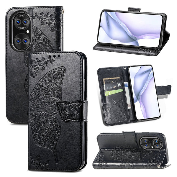 For Huawei P50 Pro Butterfly Love Flowers Embossed Horizontal Flip Leather Case with Holder & Card Slots & Wallet & Lanyard(Black)