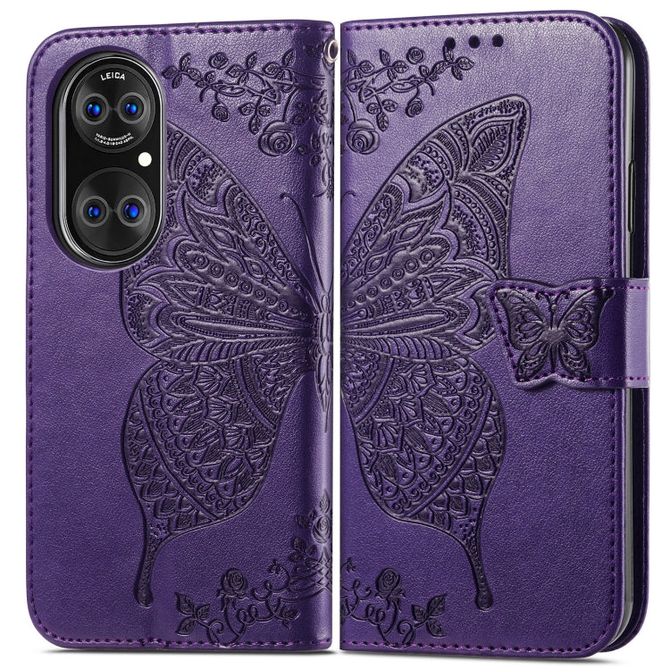 For Huawei P50 Pro Butterfly Love Flowers Embossed Horizontal Flip Leather Case with Holder & Card Slots & Wallet & Lanyard(Dark Purple)