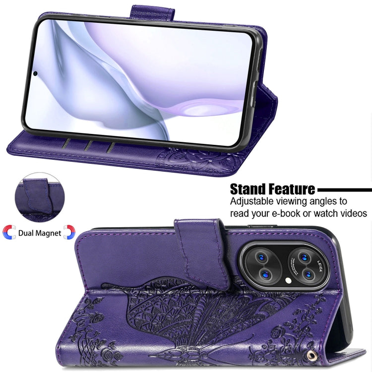 For Huawei P50 Pro Butterfly Love Flowers Embossed Horizontal Flip Leather Case with Holder & Card Slots & Wallet & Lanyard(Dark Purple)