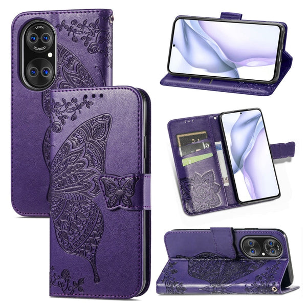 For Huawei P50 Pro Butterfly Love Flowers Embossed Horizontal Flip Leather Case with Holder & Card Slots & Wallet & Lanyard(Dark Purple)