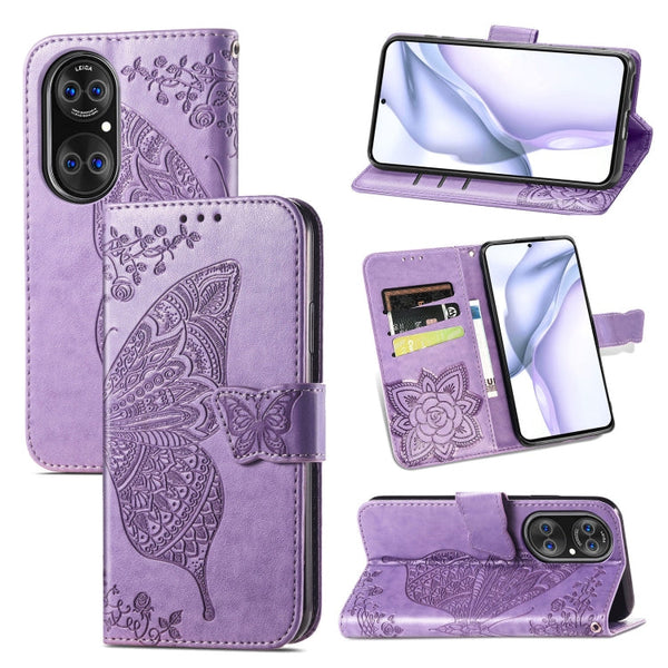 For Huawei P50 Pro Butterfly Love Flowers Embossed Horizontal Flip Leather Case with Holder & Card Slots & Wallet & Lanyard(Light Purple)