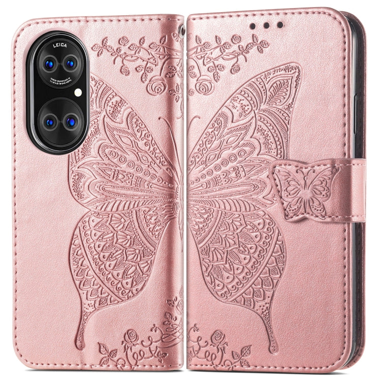 For Huawei P50 Pro Butterfly Love Flowers Embossed Horizontal Flip Leather Case with Holder & Card Slots & Wallet & Lanyard(Rose Gold)