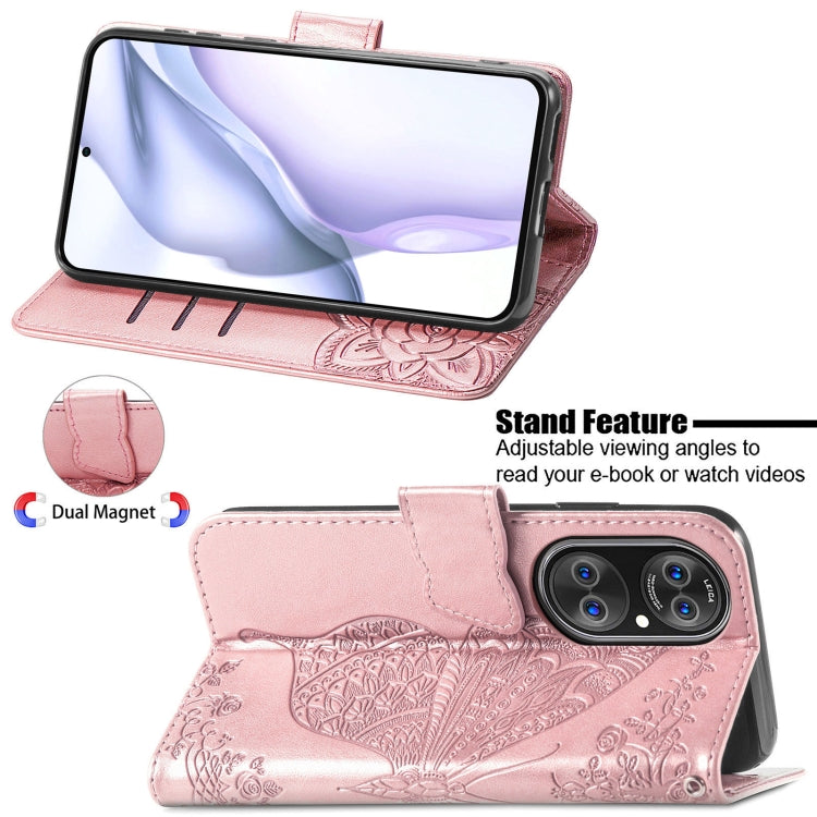 For Huawei P50 Pro Butterfly Love Flowers Embossed Horizontal Flip Leather Case with Holder & Card Slots & Wallet & Lanyard(Rose Gold)