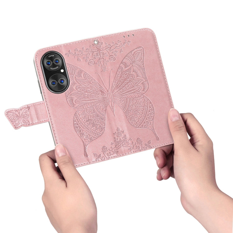 For Huawei P50 Pro Butterfly Love Flowers Embossed Horizontal Flip Leather Case with Holder & Card Slots & Wallet & Lanyard(Rose Gold)