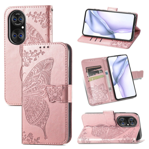 For Huawei P50 Pro Butterfly Love Flowers Embossed Horizontal Flip Leather Case with Holder & Card Slots & Wallet & Lanyard(Rose Gold)