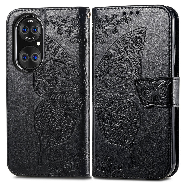 For Huawei P50 Butterfly Love Flowers Embossed Horizontal Flip Leather Case with Holder & Card Slots & Wallet & Lanyard(Black)