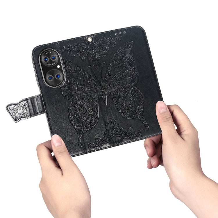For Huawei P50 Butterfly Love Flowers Embossed Horizontal Flip Leather Case with Holder & Card Slots & Wallet & Lanyard(Black)