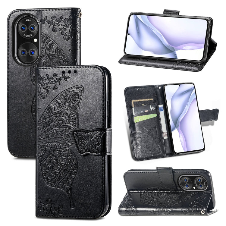 For Huawei P50 Butterfly Love Flowers Embossed Horizontal Flip Leather Case with Holder & Card Slots & Wallet & Lanyard(Black)
