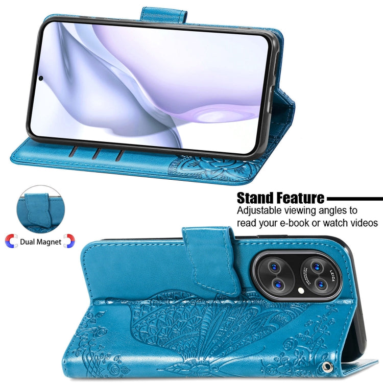 For Huawei P50 Butterfly Love Flowers Embossed Horizontal Flip Leather Case with Holder & Card Slots & Wallet & Lanyard(Blue)
