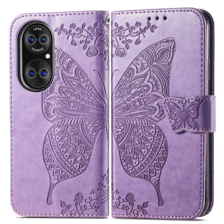 For Huawei P50 Butterfly Love Flowers Embossed Horizontal Flip Leather Case with Holder & Card Slots & Wallet & Lanyard(Light Purple)