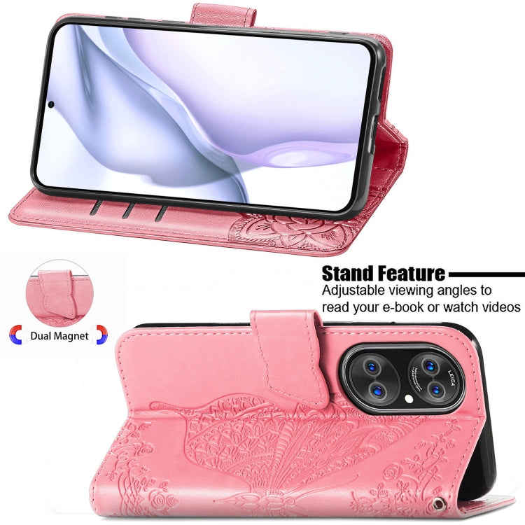 For Huawei P50 Butterfly Love Flowers Embossed Horizontal Flip Leather Case with Holder & Card Slots & Wallet & Lanyard(Pink)