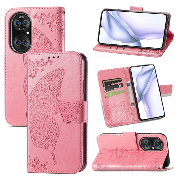 For Huawei P50 Butterfly Love Flowers Embossed Horizontal Flip Leather Case with Holder & Card Slots & Wallet & Lanyard(Pink)