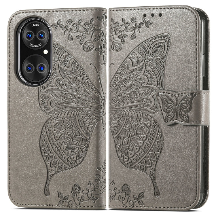 For Huawei P50 Butterfly Love Flowers Embossed Horizontal Flip Leather Case with Holder & Card Slots & Wallet & Lanyard(Gray)
