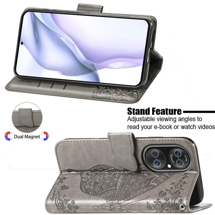 For Huawei P50 Butterfly Love Flowers Embossed Horizontal Flip Leather Case with Holder & Card Slots & Wallet & Lanyard(Gray)