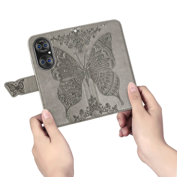 For Huawei P50 Butterfly Love Flowers Embossed Horizontal Flip Leather Case with Holder & Card Slots & Wallet & Lanyard(Gray)