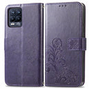 For OPPO Realme 8 5G / Realme V13 5G Four-leaf Clasp Embossed Buckle Mobile Phone Protection Leather Case with Lanyard & Card Slot & Wallet & Bracket Function(Purple)