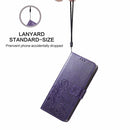 For OPPO Realme 8 5G / Realme V13 5G Four-leaf Clasp Embossed Buckle Mobile Phone Protection Leather Case with Lanyard & Card Slot & Wallet & Bracket Function(Purple)