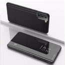 For Samsung Galaxy S21 FE Plated Mirror Horizontal Flip Leather Case with Holder(Black)