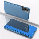 For Samsung Galaxy S21 FE Plated Mirror Horizontal Flip Leather Case with Holder(Blue)