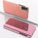 For Samsung Galaxy S21 FE Plated Mirror Horizontal Flip Leather Case with Holder(Rose Gold)