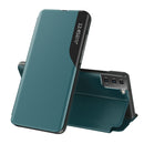 For Samsung Galaxy S21 FE Side Display Shockproof Horizontal Flip Leather Case with Holder(Green)