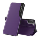 For Samsung Galaxy S21 FE Side Display Shockproof Horizontal Flip Leather Case with Holder(Purple)