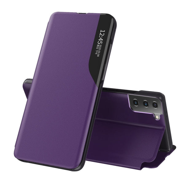For Samsung Galaxy S21 FE Side Display Shockproof Horizontal Flip Leather Case with Holder(Purple)