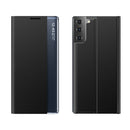 For Samsung Galaxy S21 FE Side Display Magnetic Horizontal Flip Plain Texture Cloth + PC Case with Holder & Sleep / Wake-up Function(Black)