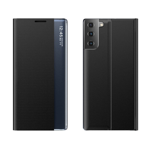 For Samsung Galaxy S21 FE Side Display Magnetic Horizontal Flip Plain Texture Cloth + PC Case with Holder & Sleep / Wake-up Function(Black)