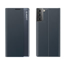 For Samsung Galaxy S21 FE Side Display Magnetic Horizontal Flip Plain Texture Cloth + PC Case with Holder & Sleep / Wake-up Function(Dark Blue)