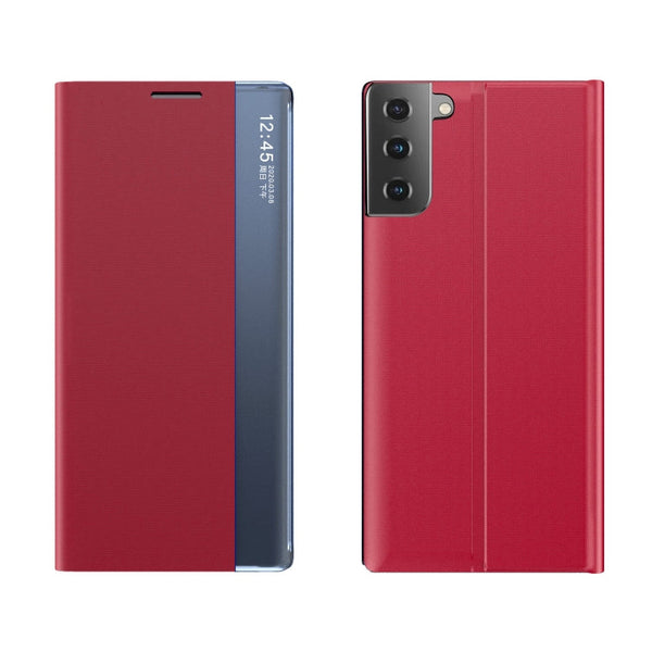 For Samsung Galaxy S21 FE Side Display Magnetic Horizontal Flip Plain Texture Cloth + PC Case with Holder & Sleep / Wake-up Function(Red)