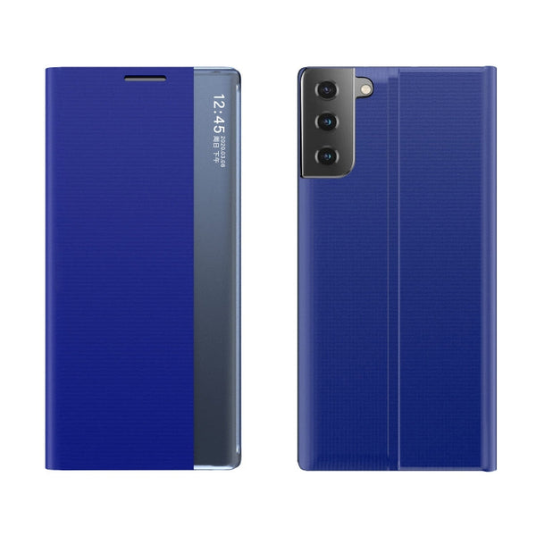 For Samsung Galaxy S21 FE Side Display Magnetic Horizontal Flip Plain Texture Cloth + PC Case with Holder & Sleep / Wake-up Function(Blue)