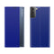 For Samsung Galaxy S21 FE Side Display Magnetic Horizontal Flip Plain Texture Cloth + PC Case with Holder & Sleep / Wake-up Function(Blue)