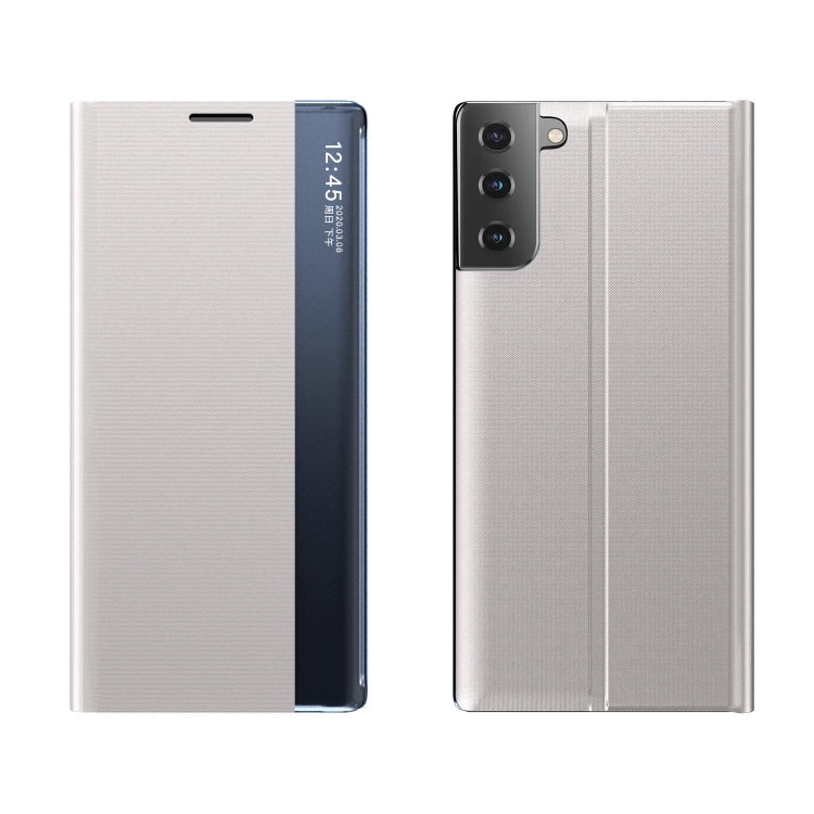 For Samsung Galaxy S21 FE Side Display Magnetic Horizontal Flip Plain Texture Cloth + PC Case with Holder & Sleep / Wake-up Function(Silver)