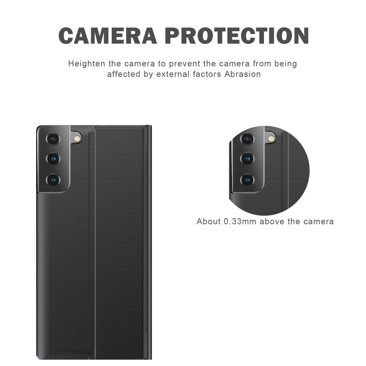 For Samsung Galaxy S21 FE Side Display Magnetic Horizontal Flip Plain Texture Cloth + PC Case with Holder & Sleep / Wake-up Function(Silver)