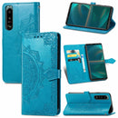 For Sony Xperia 5 III Mandala Flower Embossed Horizontal Flip Leather Case with Bracket / Card Slot / Wallet / Lanyard(Blue)