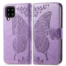 For Samsung Galaxy A22 5G Butterfly Love Flowers Embossed Horizontal Flip Leather Case with Holder & Card Slots & Wallet & Lanyard(Light Purple)